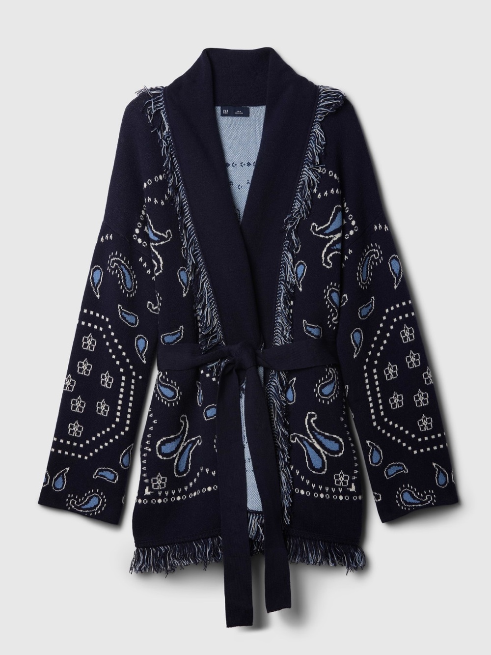 GAP Navy Paisley-Knit Shawl-Collar Belted Cardigan